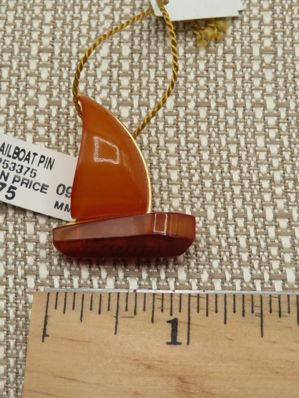 Vintage Russian Amber Sailboat Gold Tone Brooch